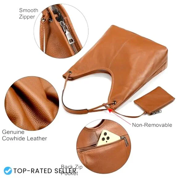 Genuine Leather Hobo Handbag with Coin Pouch Elegant Sophisticated Shoulder Bag